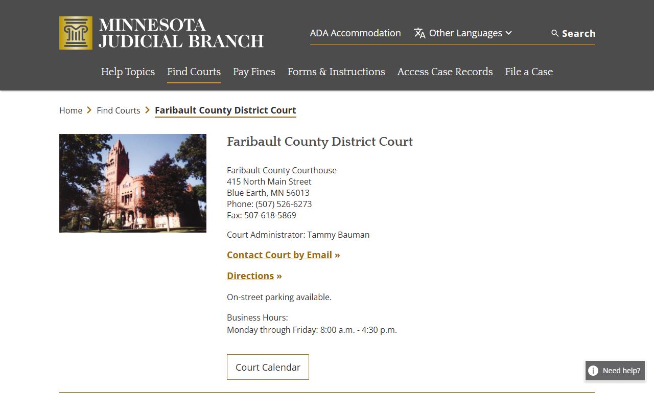 Faribault County District Court page on the Minnesota Courts website showing civil records access