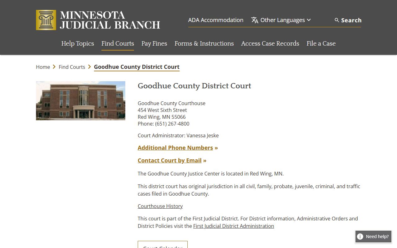 Goodhue County District Court page on the Minnesota Courts website showing civil records and case access