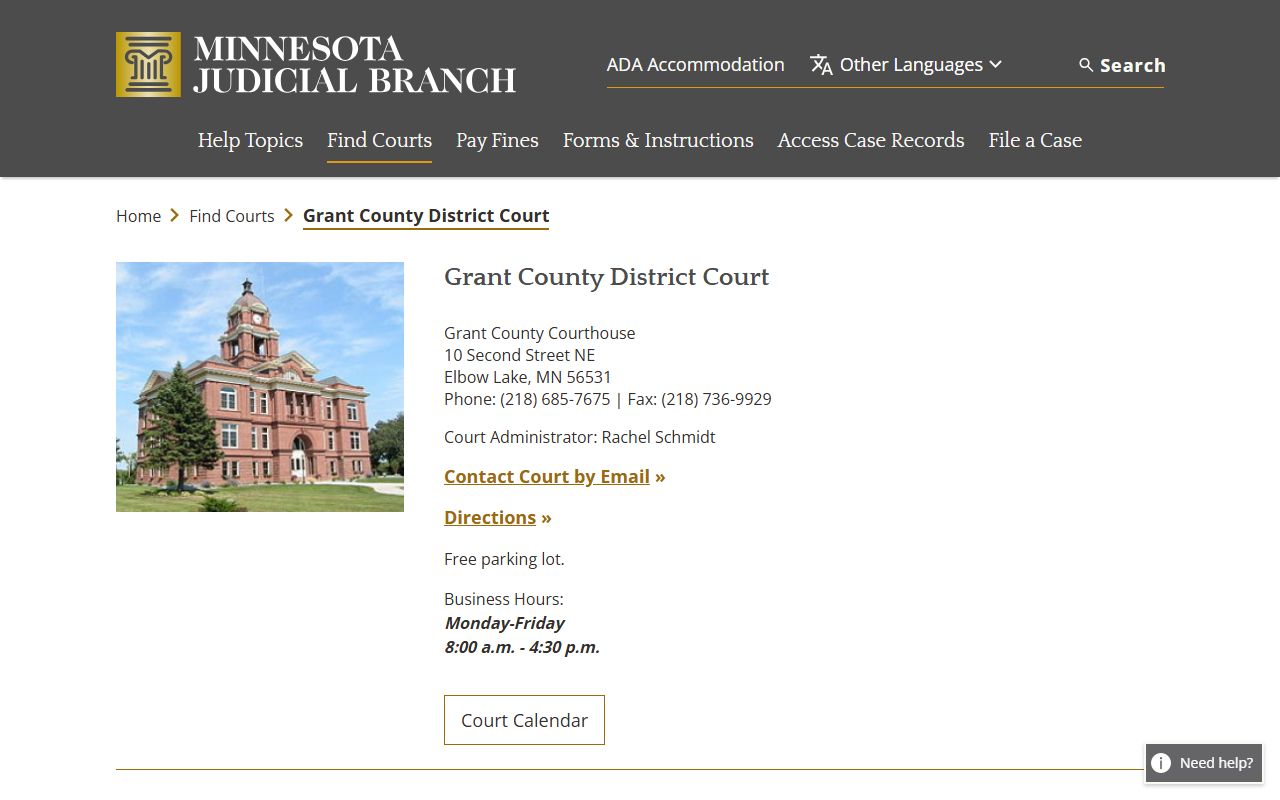 Grant County District Court page on the Minnesota Courts website for civil court records access