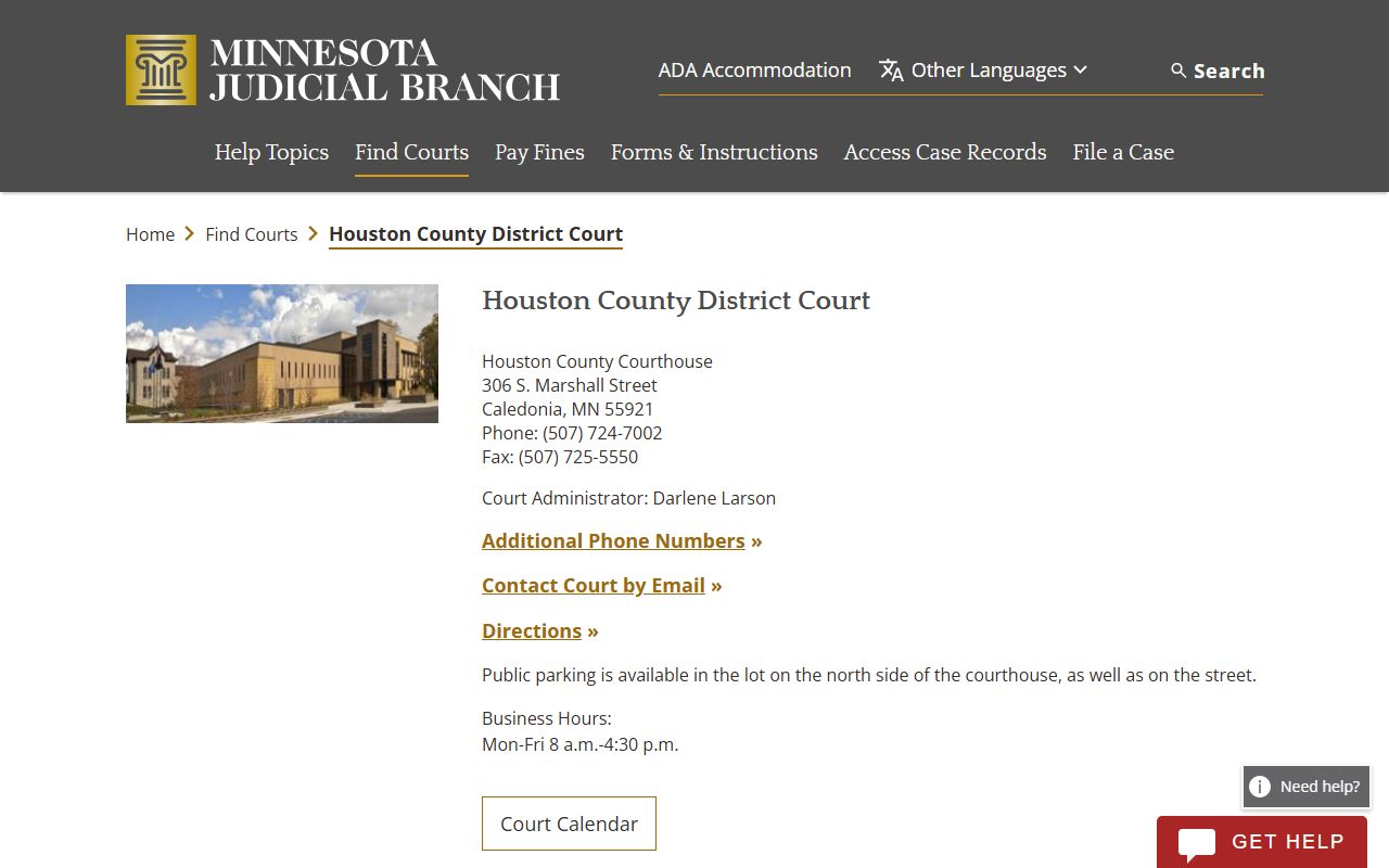 Houston County District Court page on the Minnesota Courts website with civil records and case filing information