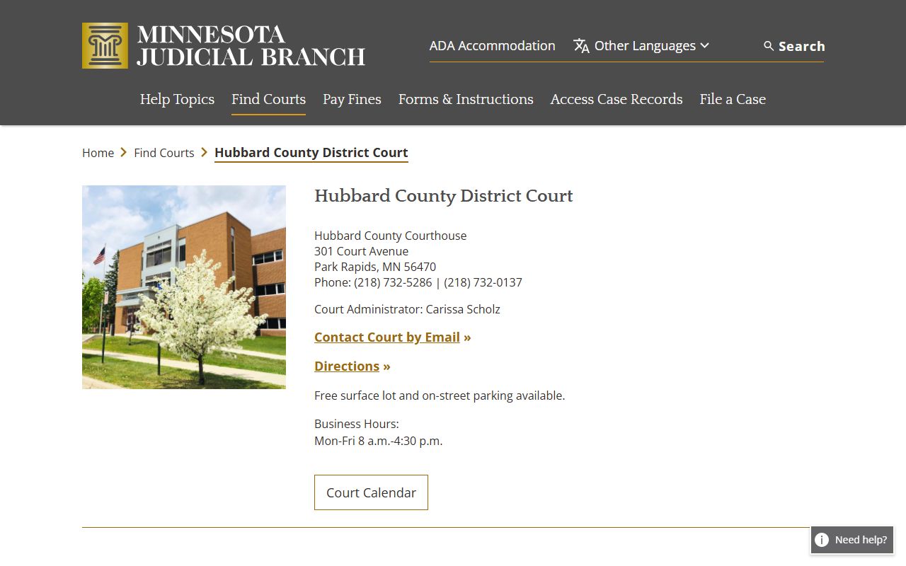 Hubbard County District Court page on the Minnesota Courts website with civil court records access tools