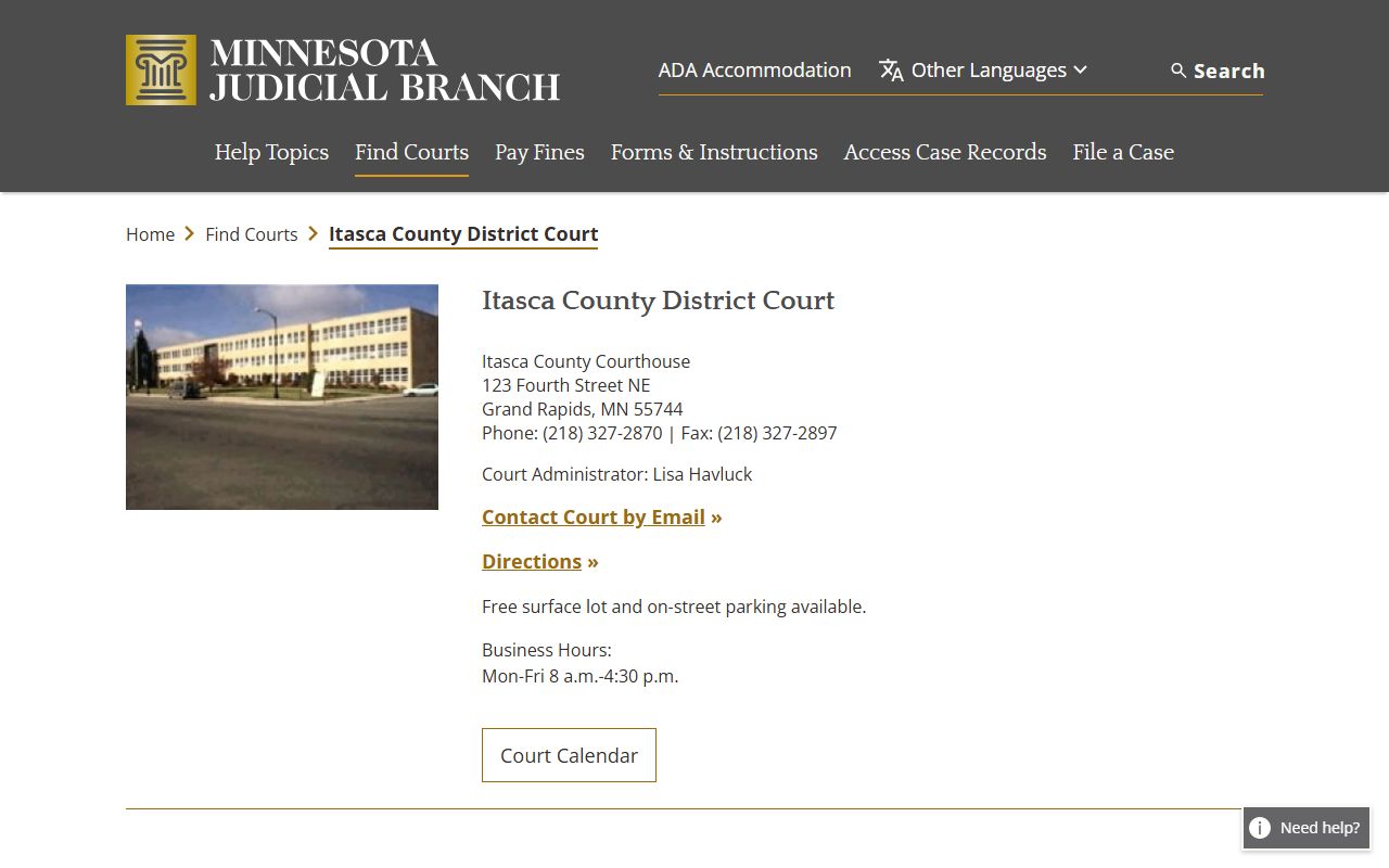 Itasca County District Court page showing civil court records access on mncourts.gov