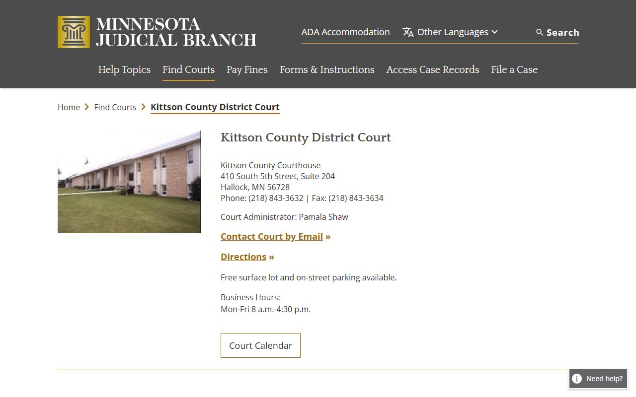 Kittson County District Court page on mncourts.gov showing civil court record access