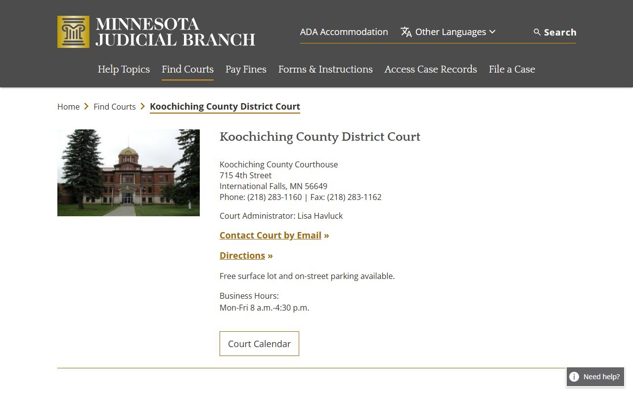 Koochiching County District Court page on mncourts.gov showing civil court records and services