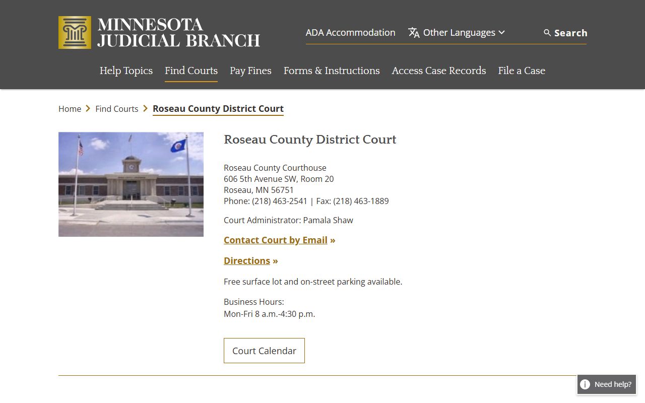 Roseau County District Court civil court records page on the Minnesota Judicial Branch website