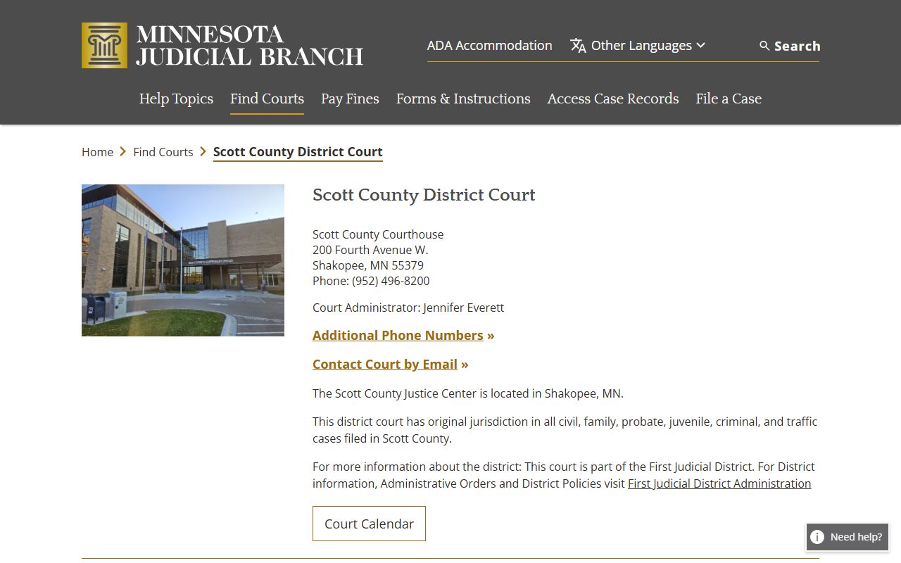 Scott County District Court civil court records page on the Minnesota Judicial Branch website