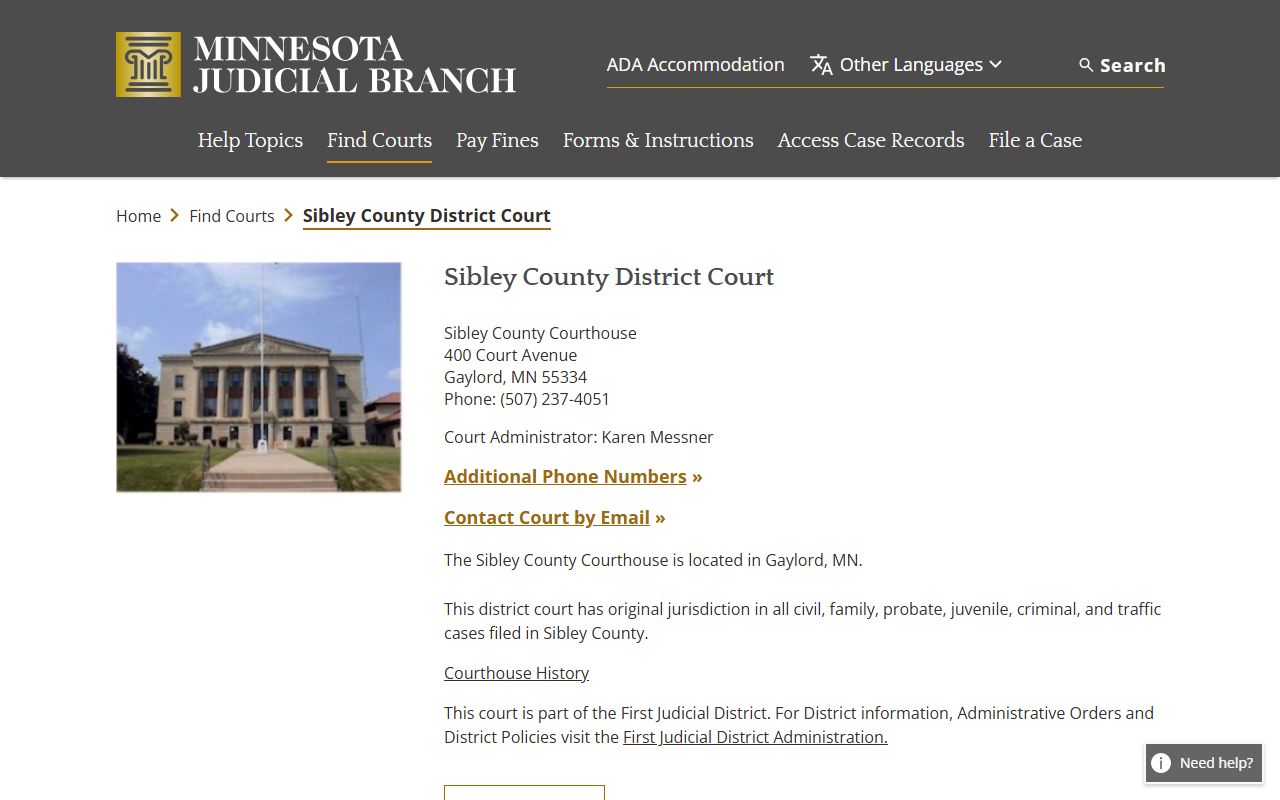Sibley County District Court civil court records page on the Minnesota Judicial Branch website