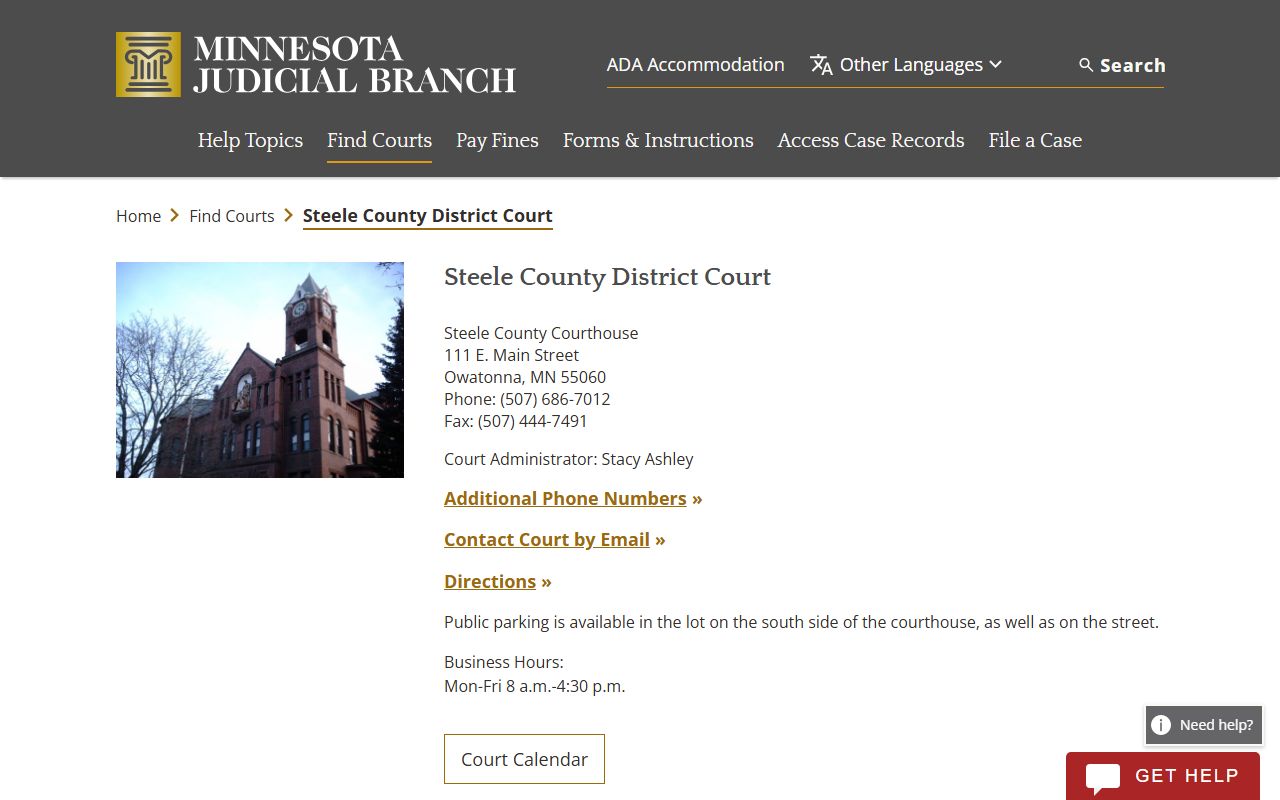 Steele County District Court civil court records page on the Minnesota Judicial Branch website