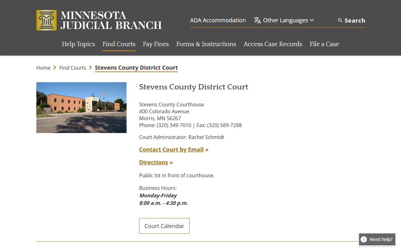 Stevens County District Court civil court records page on the Minnesota Judicial Branch website
